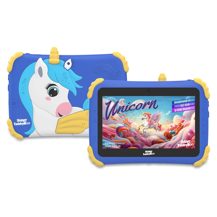 Tableta SMART TabbyBoo Unicorn, 32GB, 2GB RAM, Android 11 cu control parental, Wi-Fi, ecran 7” IPS, jocuri si activitati educative pentru copii, albastru