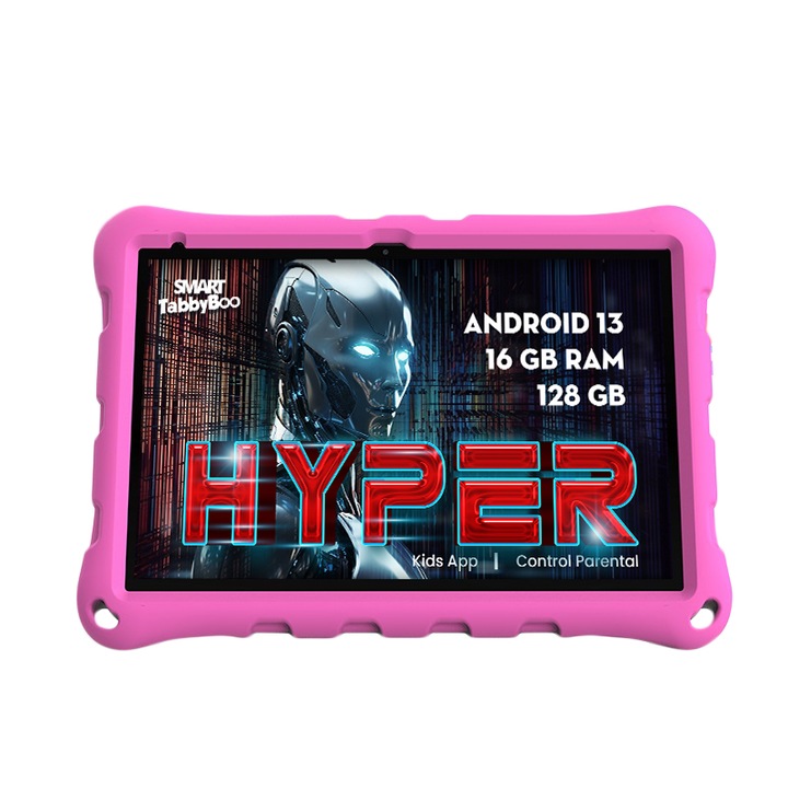 Tableta SMART TabbyBoo Hyper, 128GB, 8+8GB RAM, Android 13 cu control parental, WiFi 6, ecran 10” IPS, 800 jocuri si activitati educative pentru copii, roz