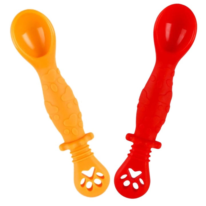 Set 2 Pre Lingurite Bebelusi pentru Hranire si Diversificare la Bebe de 4-24 luni, din Silicon, 2 capete, Aurie si Rosie