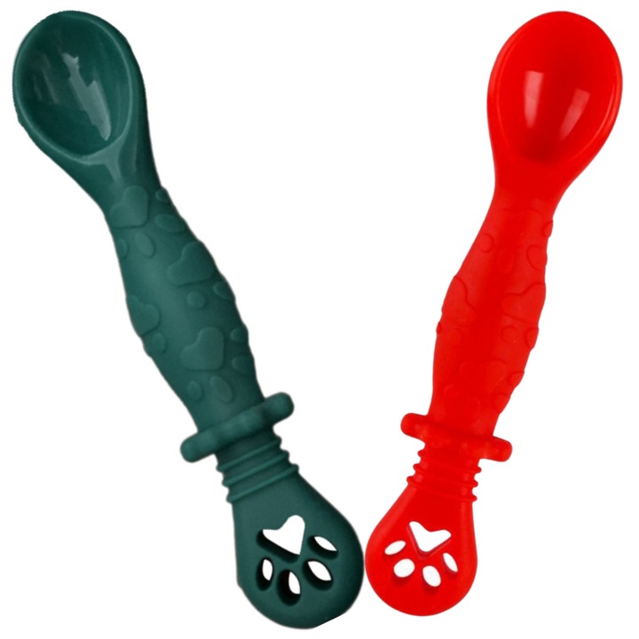 Set 2 Pre Lingurite Bebelusi pentru Hranire si Diversificare la Bebe de 4-24 luni, din Silicon, 2 capete, Verde si Rosie