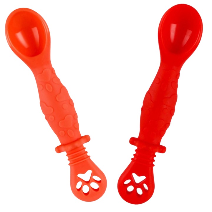 StartONTeam Комплект от 2 предварителни лъжички за разнообразяване и отбиване, 4-24 месеца, Хранителен силикон без BPA, Оранжево и Червено