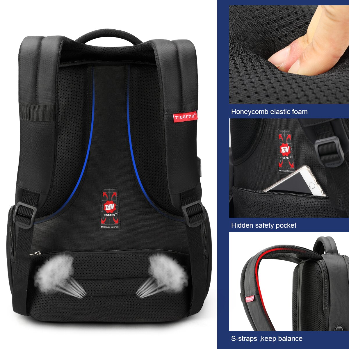 Rucsac laptop 15.6" smart casual, impermeabil, cu orificiu pentru cabluri audio, Tigernu, 31x15x46 cm, Negru