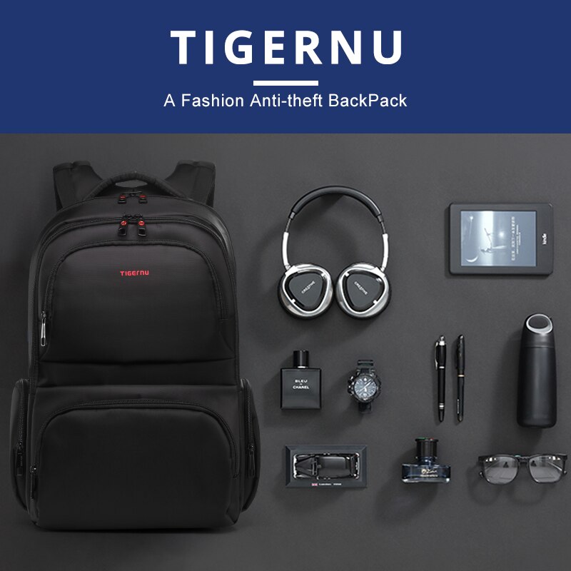 Rucsac laptop 15.6" smart casual, impermeabil, cu orificiu pentru cabluri audio, Tigernu, 31x15x46 cm, Negru
