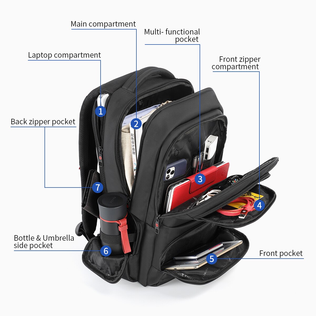 Rucsac laptop 15.6" smart casual, impermeabil, cu orificiu pentru cabluri audio, Tigernu, 31x15x46 cm, Negru