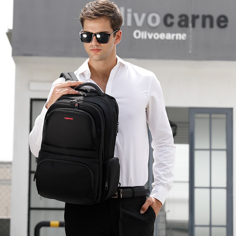 Rucsac laptop 15.6" smart casual, impermeabil, cu orificiu pentru cabluri audio, Tigernu, 31x15x46 cm, Negru