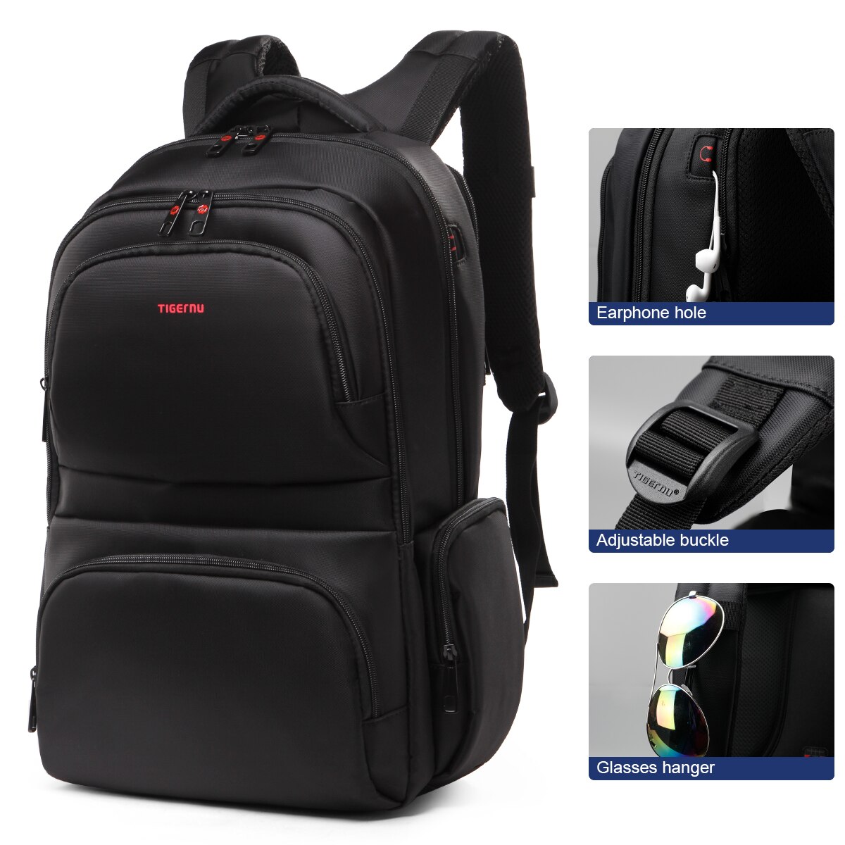 Rucsac laptop 15.6" smart casual, impermeabil, cu orificiu pentru cabluri audio, Tigernu, 31x15x46 cm, Negru