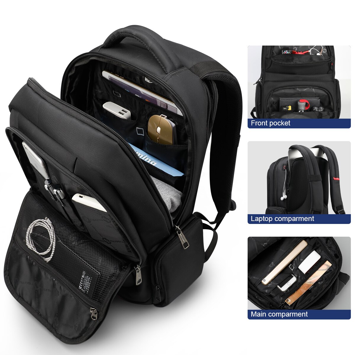 Rucsac laptop 15.6" smart casual, impermeabil, cu orificiu pentru cabluri audio, Tigernu, 31x15x46 cm, Negru