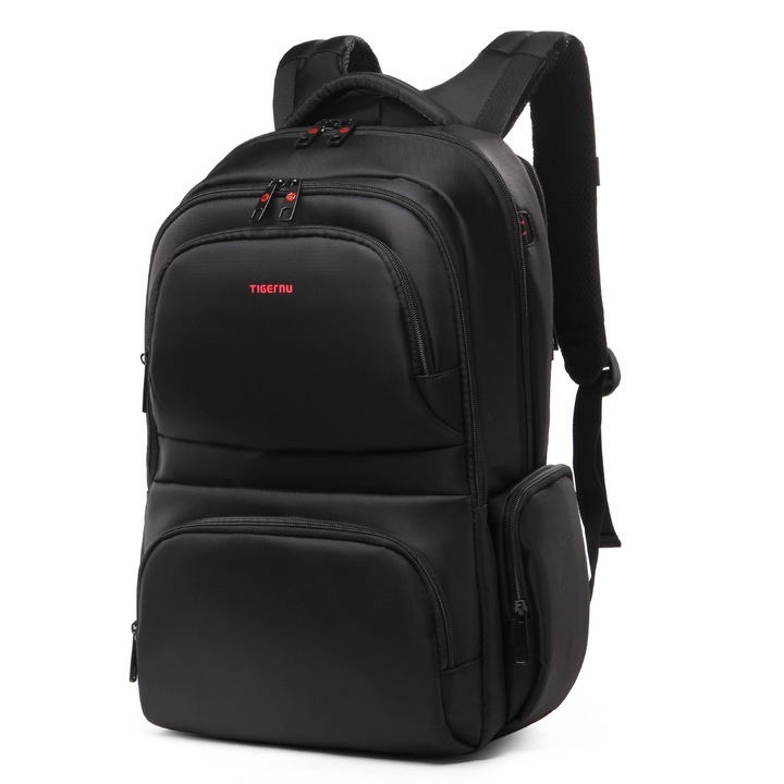 Rucsac laptop 15.6" smart casual, impermeabil, cu orificiu pentru cabluri audio, Tigernu, 31x15x46 cm, Negru