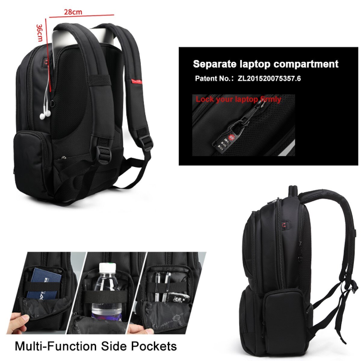 Rucsac laptop 15.6" smart casual, impermeabil, cu orificiu pentru cabluri audio, Tigernu, 31x15x46 cm, Negru