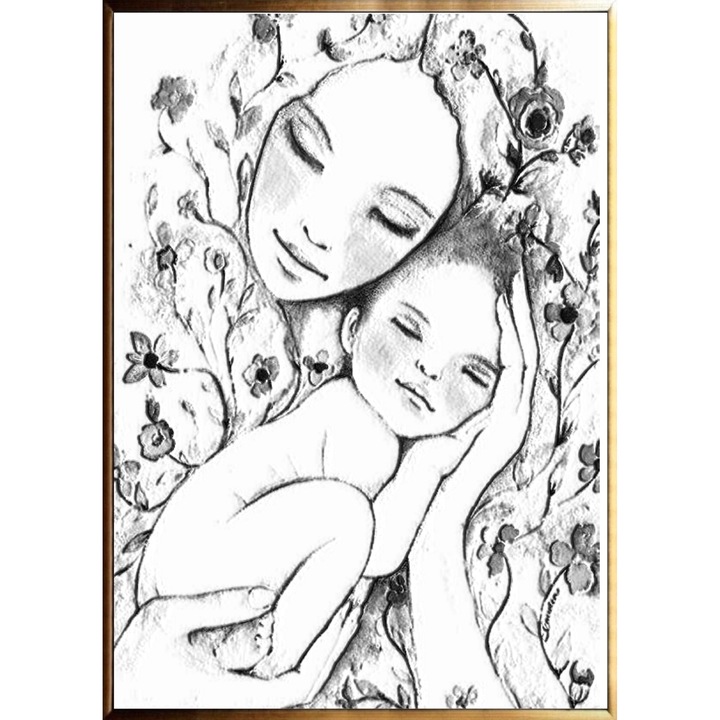 Tablou pictat manual ulei pe panza, tehnica texturata, Interpretare Klimt, Mama si pruncul, 70x50cm, Alb, Negru