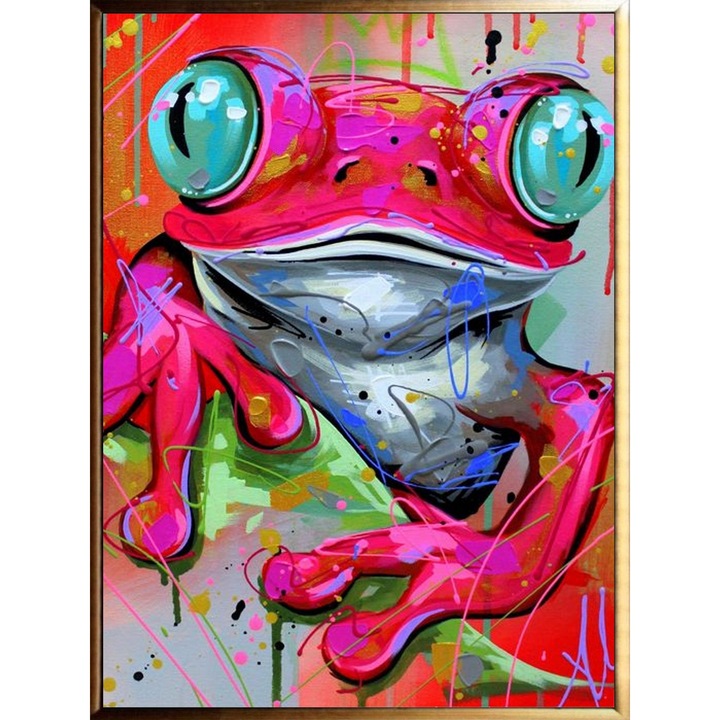 Tablou pictat manual ulei pe panza, tehnica texturata, Tablou animale, Broasca Roz, 70x50cm, Multicolor