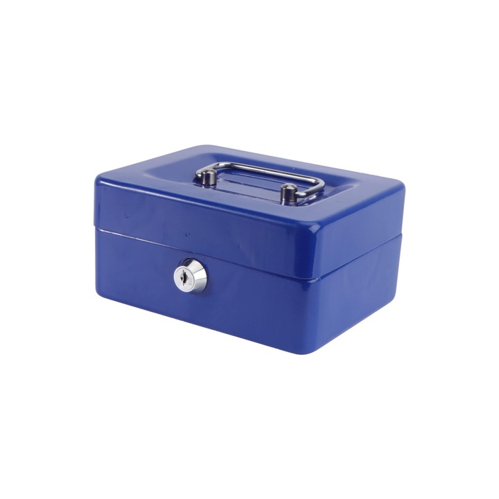 Caseta de bani, UBX, prevazuta cu maner pentru transportare usoara, 2 cheite, neagra, 15x12x8 cm, albastra