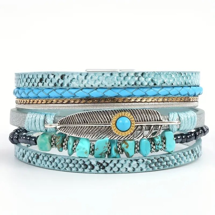 Bratara de dama din piele naturala, cu pietre semipretioase, inchidere magnetica, Lapis Lazuli