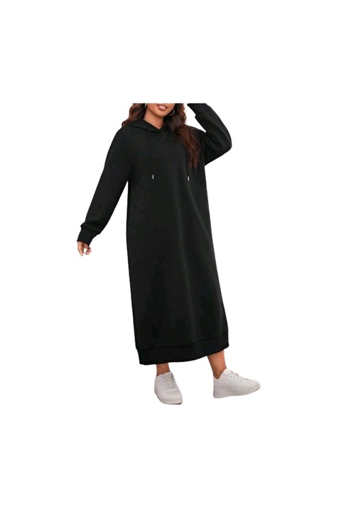 Rochie dama, moderna, casual, lunga, cu gluga, maneca lunga, buzunare laterale si plasa in zona umerilor, culoare negru, marime XL INTL