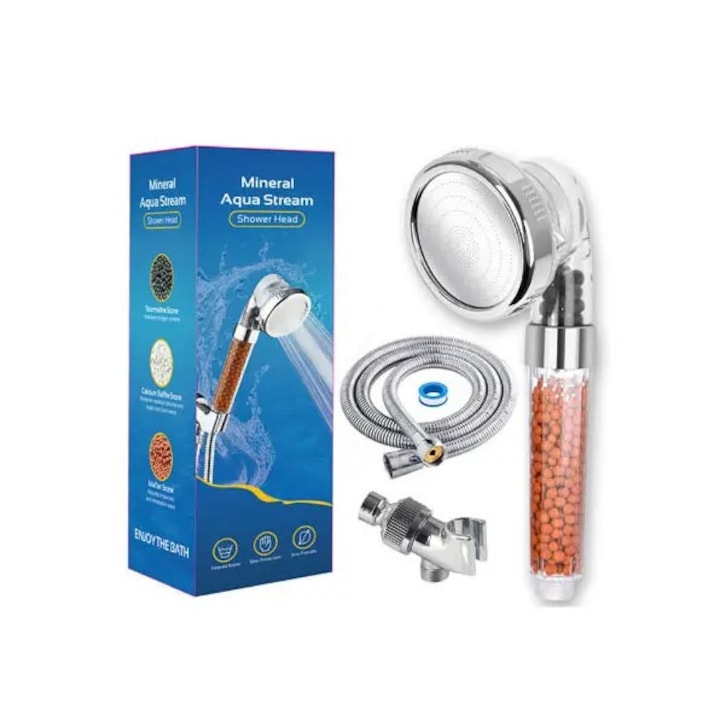 Para de dus ionic filtrat XtmGoods®, de inalta presiune cu 3 setari si economisire a apei, bile de piatra pentru purificarea clorului, filtru de margele de piatra