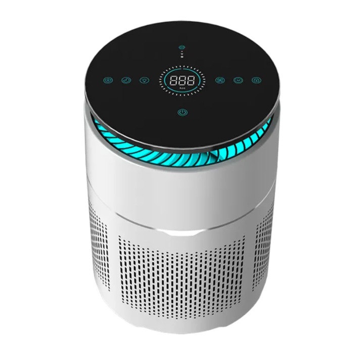 Смарт пречиствател на въздуха, WI-FI, филтър 3 в 1, True Hepa H13, Фотокаталитичен филтър, 720°, Сензор за качество на въздуха, Система за мониторинг на качеството на въздуха, 3 нива на скорост, Автоматичен режим, Контролен панел със сензорен екран, Бял