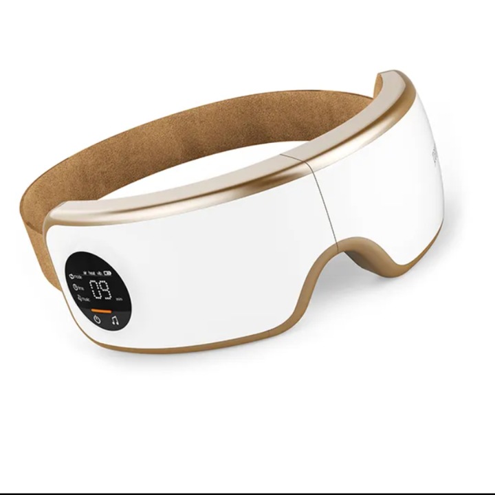 Aparat Smart Masaj Ochi si Tample, 5 moduri de masaj, presiune aer, incalzire, vibratii, muzica, Bluetooth, stimuleaza circulatia sangelui, usureaza senzatia de tensiune si presiune asupra ochilor, reduce durerile de cap, husa lavabila, pliabili, Alb