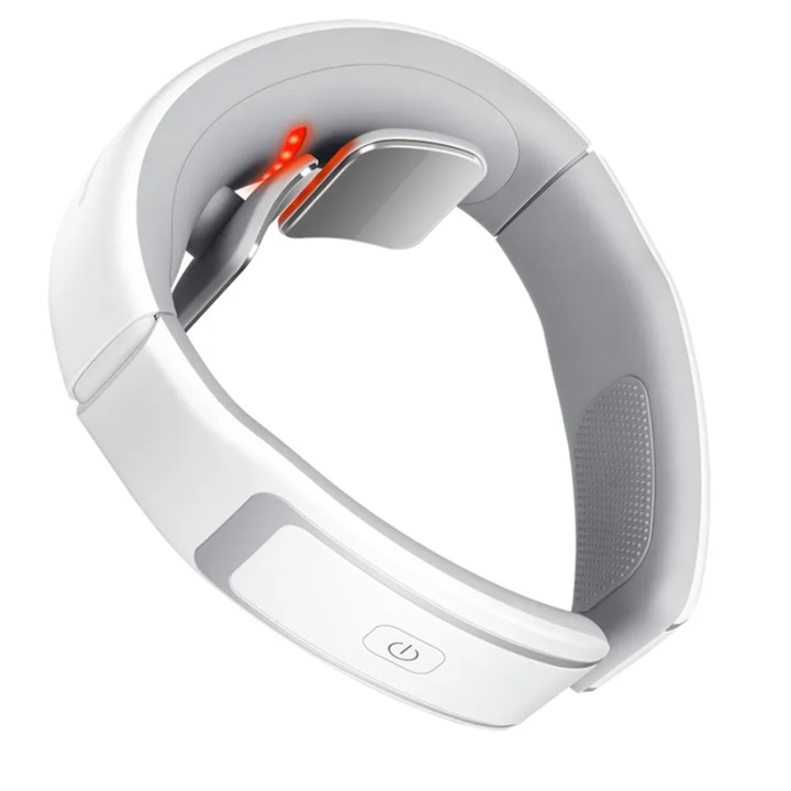 Aparat masaj cervical cu impulsuri Electromagnetice, TENS, EMS, incalzire cu infrarosu, 6 moduri de masaj, 16 nivele de intensitate, elimina durerile de gat, de cap, durerile cauzate de spondiloza cervicala, telecomanda cu afisaj LCD, Alb