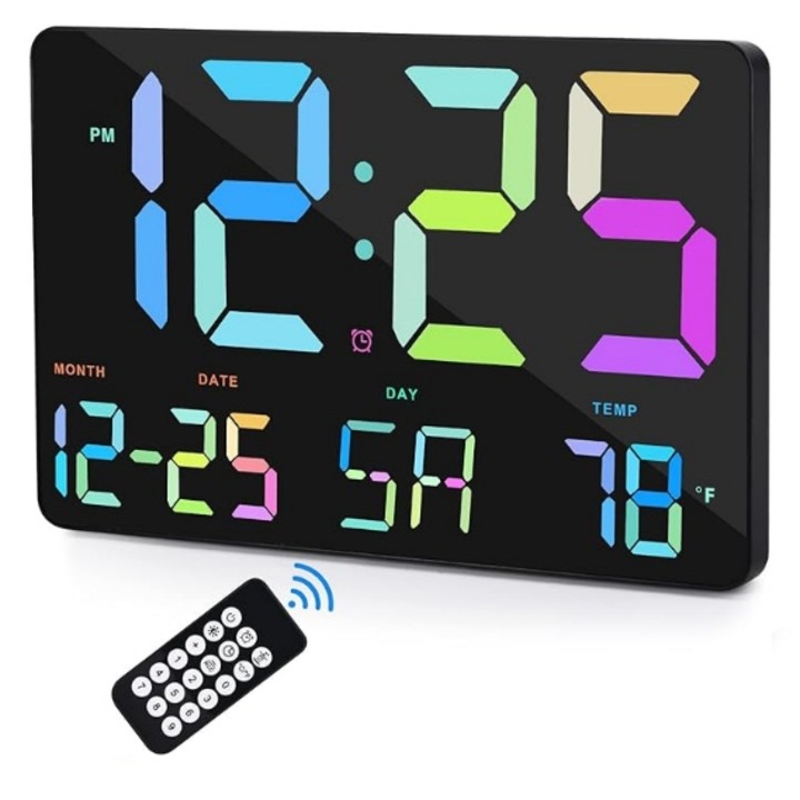 Цифров настолен и стенен часовник с многоцветна светодиодна светлина, календар, температура, аларма, термометър, функция за отлагане, регулируема яркост, 25x16 см