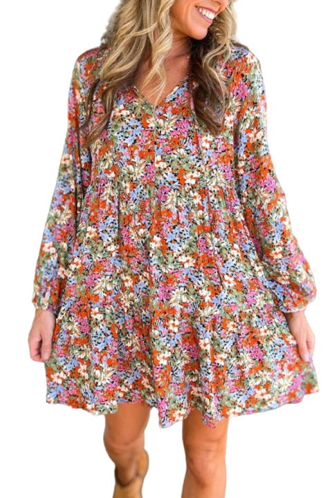 Разкроена рокля с дълги ръкави и флорален принт, LC6117571-22, вискоза, Многоцветен