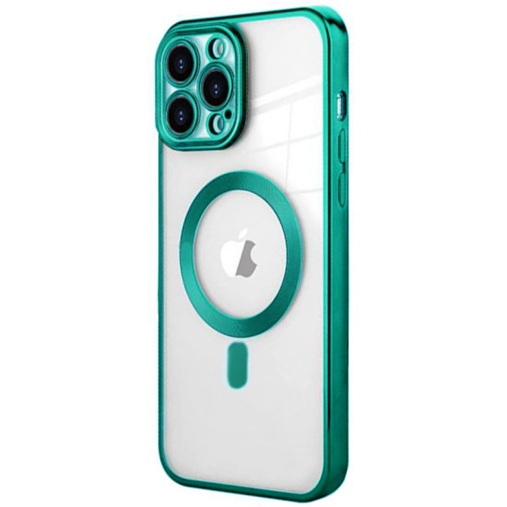 Husa Luxury, Magsafe, Full cover, Compatibila cu iPhone 13 Pro, Margini colorate, Wireless Charging, Transparent, Verde Menta