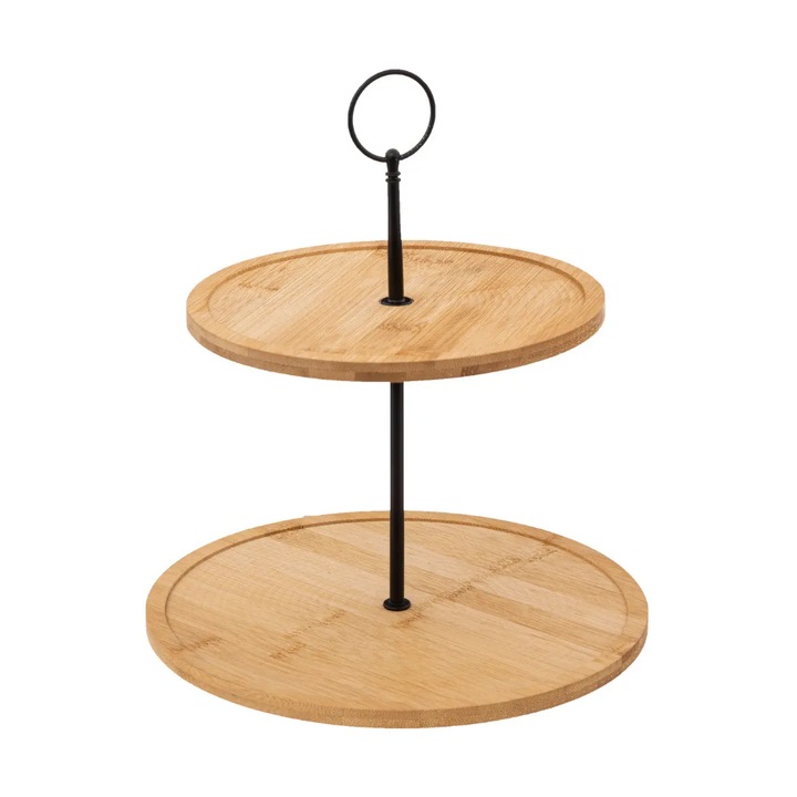 Platou etajat pentru servire, Atmosphera, 2 niveluri, bambus și metal negru, 30x45cm