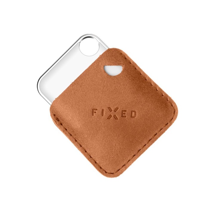 Fixed Tag intelligens helymeghatározó eszköz, Apple Find My applikációval működik, bőr tokkal, barna