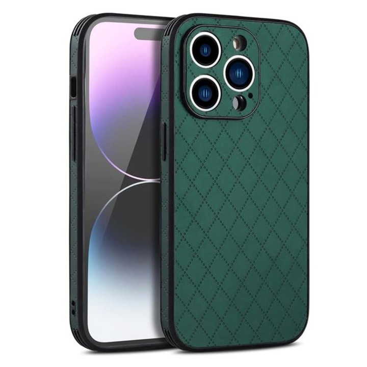 Husa Rhombic, Compatibila cu iPhone 14 Pro, Soft Leather Look, Verde