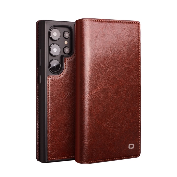 Калъф за Samsung Galaxy S25 Ultra, Qialino Classic Wallet, фина кожа, тип книга, с джобове за карти и пари, Цвят Кафе кафяво
