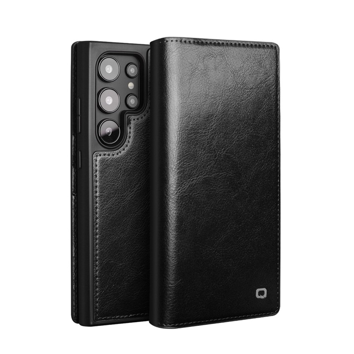 Калъф за Samsung Galaxy S24 Ultra, Qialino Classic Wallet, слим от фина естествена кожа, тип книга, портфейл, с джобове за карти и пари, цвят Черен