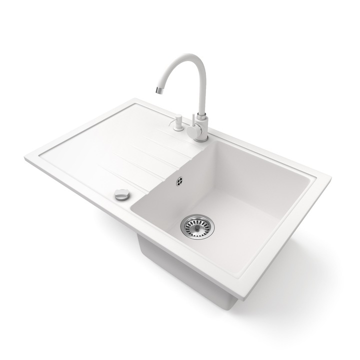 Nero Eris, Gránit mosogató szett, Magasított csapteleppel, adagolóval és dugókiemelős szifonnal, Fehér