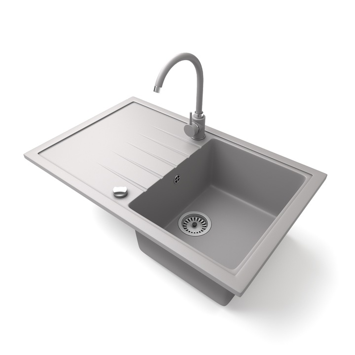 Nero Eris, Gránit mosogató szett, Magasított csapteleppel és dugókiemelős szifonnal, Szürke