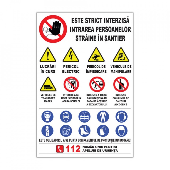 Panou avertizare, Reguli generale Santier in lucru, placa PVC 4mm, 40x60 cm