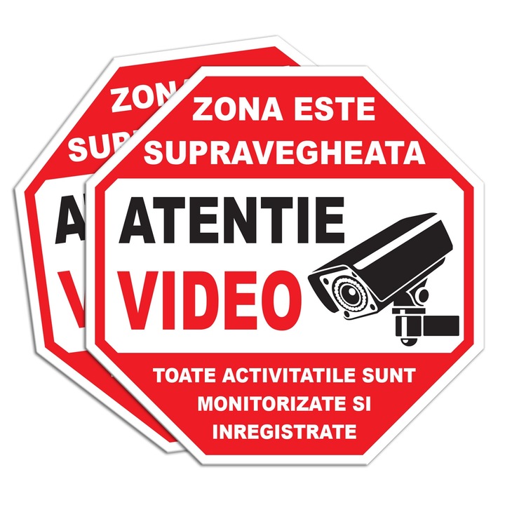 Set 2 indicatoare avertizare Supraveghere Video, laminate, placa pvc grosime 4mm, 30x30cm
