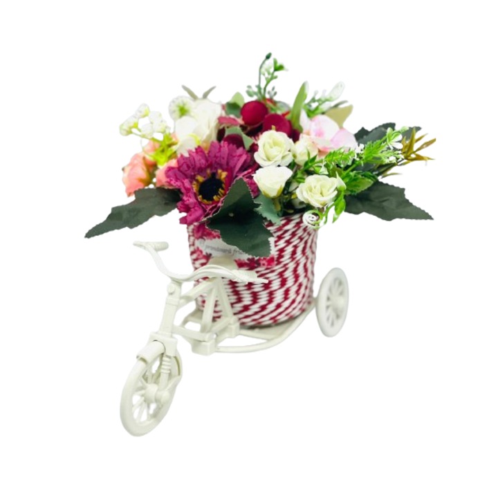 Művirágot rendezek műanyag biciklibe 21cmx12cmx21cm