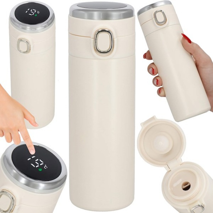 Termos cu afisaj de temperatura Springos, Otel inoxidabil, Crem, 500 ml