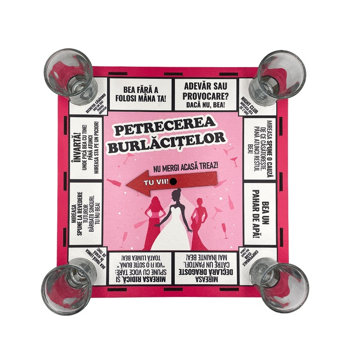 Joc De Baut Pentru Petreceri, Petrecerea Burlacitelor, Drinking Game, Cu 4 pahare de shot din Sticla, 25x25x3.5cm, PDG7