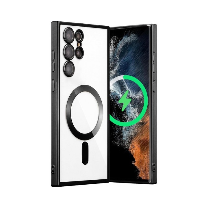 Husa Upzz Electro Magsafe, Compatibila Cu Samsung Galaxy S24 Ultra, Spate Transparent, Rama Black