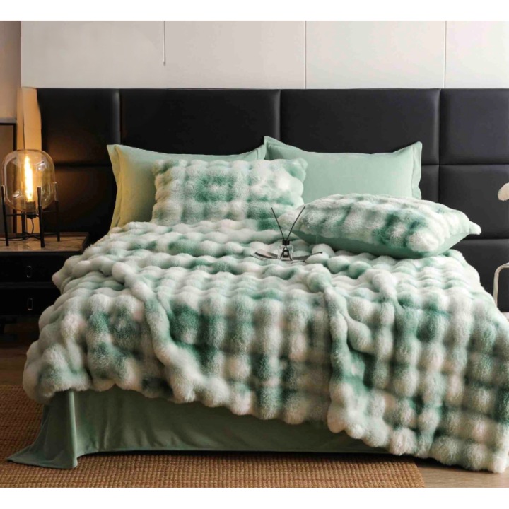 Dupla ágynemű, Jojo Home, Műnyúlszőr, Gradiens, 6 db, 2 személyes, 230x250cm, Zöld-fehér