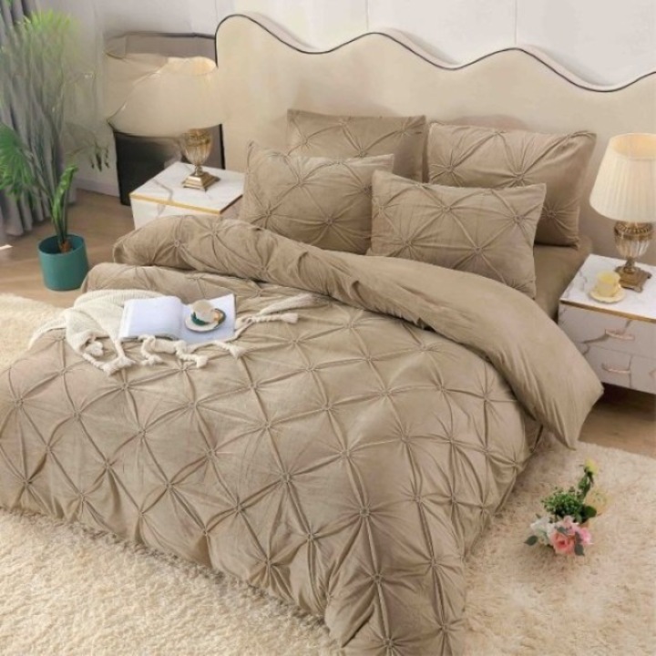 Спално бельо Jojo Home, Двойно, Кадифе с плисета, 4 части, 2 лица, 180x200см, Кафе с мляко