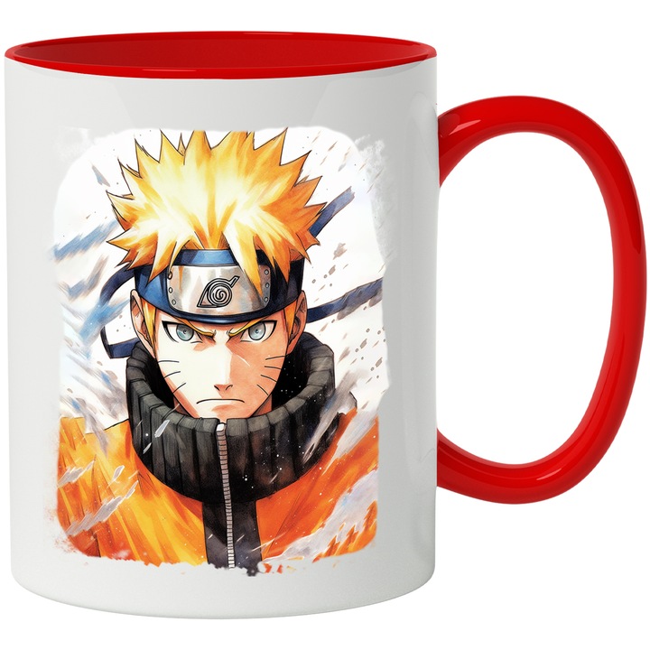 Cana Cu Personaj, Naruto, Anime, Ninja, Bandana, Multicolor 330 ml, Ceramica cu Maner Rosu