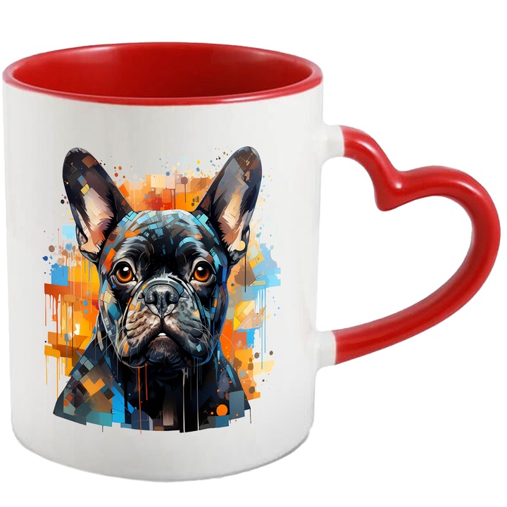 Kutya bögre, geometriai, mozaik, pöttyös festék, többszínű 330 ml, kerámia, piros szív fogantyúval