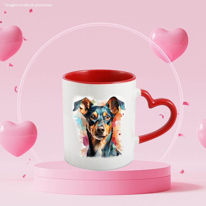 Cana Cu Caine, Mosaic, Rasa, Pinscher, Animal De Companie, Multicolor 330 ml, Ceramica cu Maner Inima Rosie