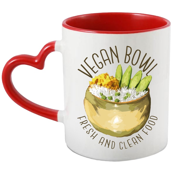 Cana Cu Mesaj In Engleza Vegan Bowl Fresh And Clean Food, Orez, Multicolor 330 ml, Ceramica cu Maner Inima Rosie