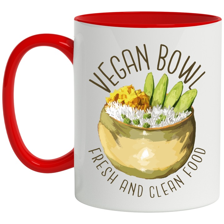 Cana Cu Mesaj In Engleza Vegan Bowl Fresh And Clean Food, Orez, Multicolor 330 ml, Ceramica cu Maner Rosu