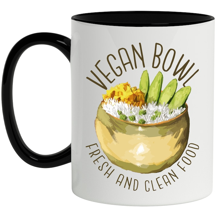 Cana Cu Mesaj In Engleza Vegan Bowl Fresh And Clean Food, Orez, Multicolor 330 ml, Ceramica cu Maner Negru