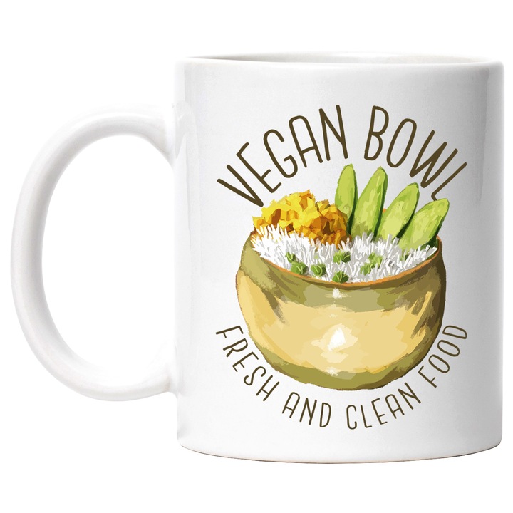 Cana Cu Mesaj In Engleza Vegan Bowl Fresh And Clean Food, Orez, Multicolor 330 ml, Ceramica cu Maner Alb