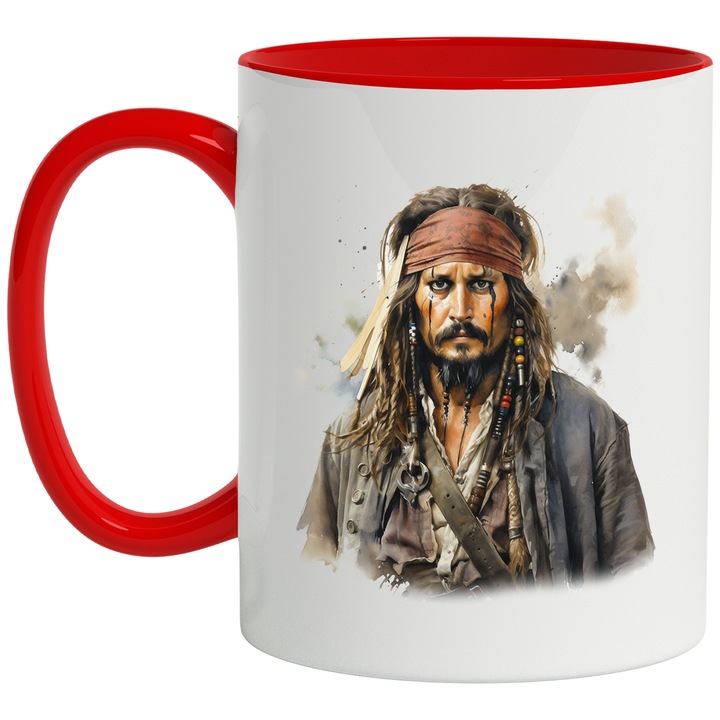Bögre Jack Sparrow-val, Karib-tenger kalózai, szakáll, karakter, sokszínű 330 ml, kerámia, piros fogantyúval