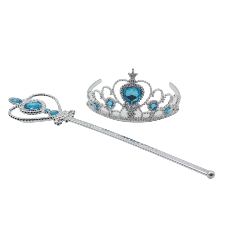 Set accesorii printesa, argintiu cu pietre bleu, diadema si bagheta