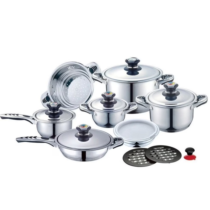 KitchenPro+ 16 részes PRO-1600 edénykészlet, 9 alapréteg, gáz, indukciós, elektromos és kerámia is használható, űrtartalom 2,9l/3,1/3,4./6,3